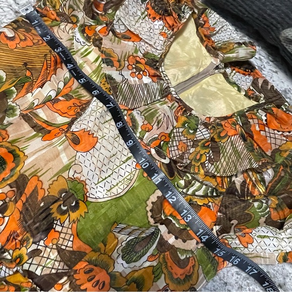 Vintage 70s Orange & Brown Floral Ruffle Neck Maxi Dress Approx Women XS - Picture 11 of 16